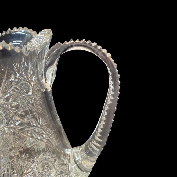 Vintage Cut Crystal Glass Pitcher Intricate Starburst Design & Ribbed Handle - Picture 7 of 13